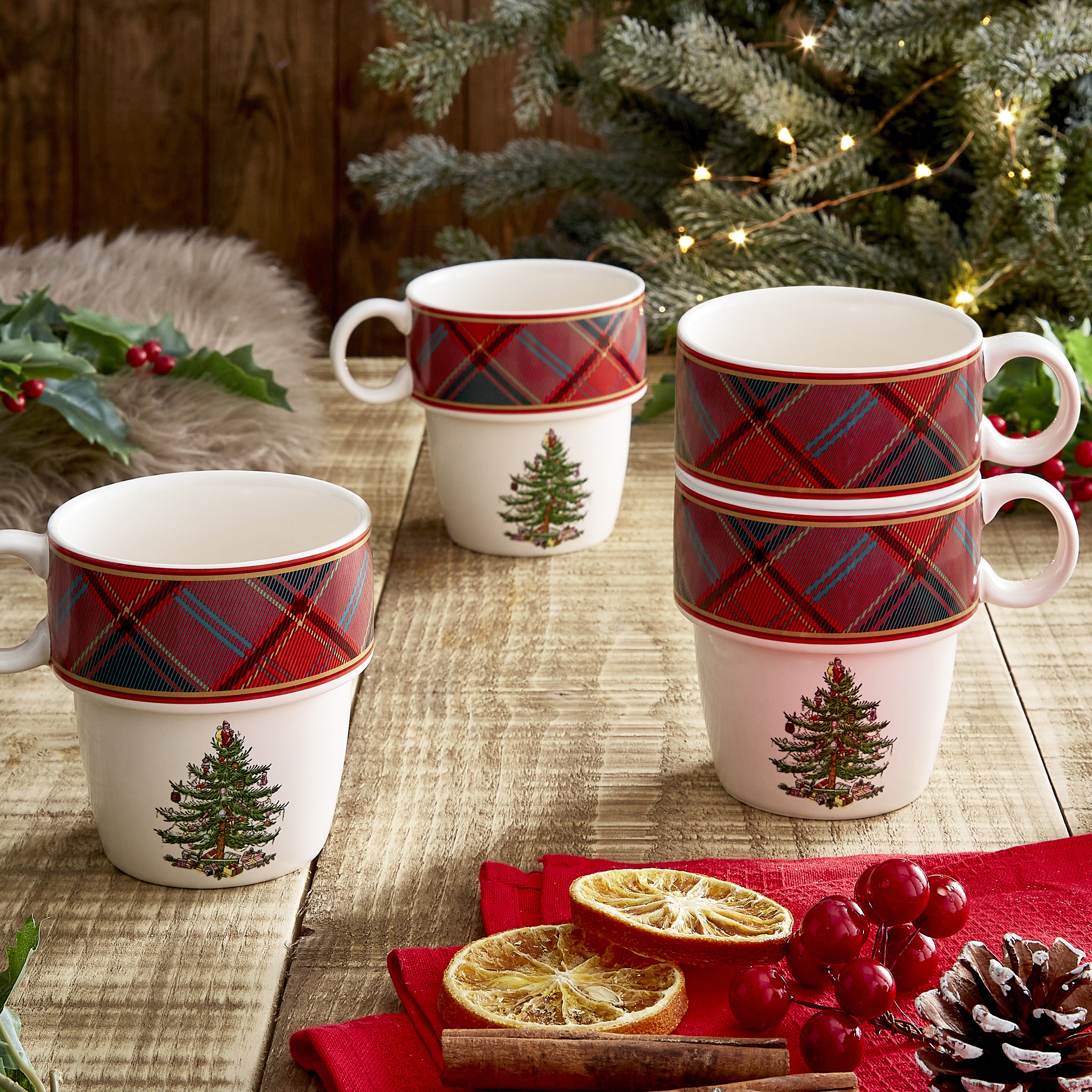 Christmas Tree Tartan Set of 4 Stacking Mugs image number null